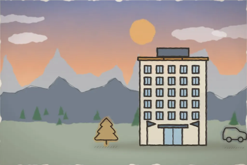 Hotel Panoramic DEMO la apus, cu munții în spate (ilustrație)